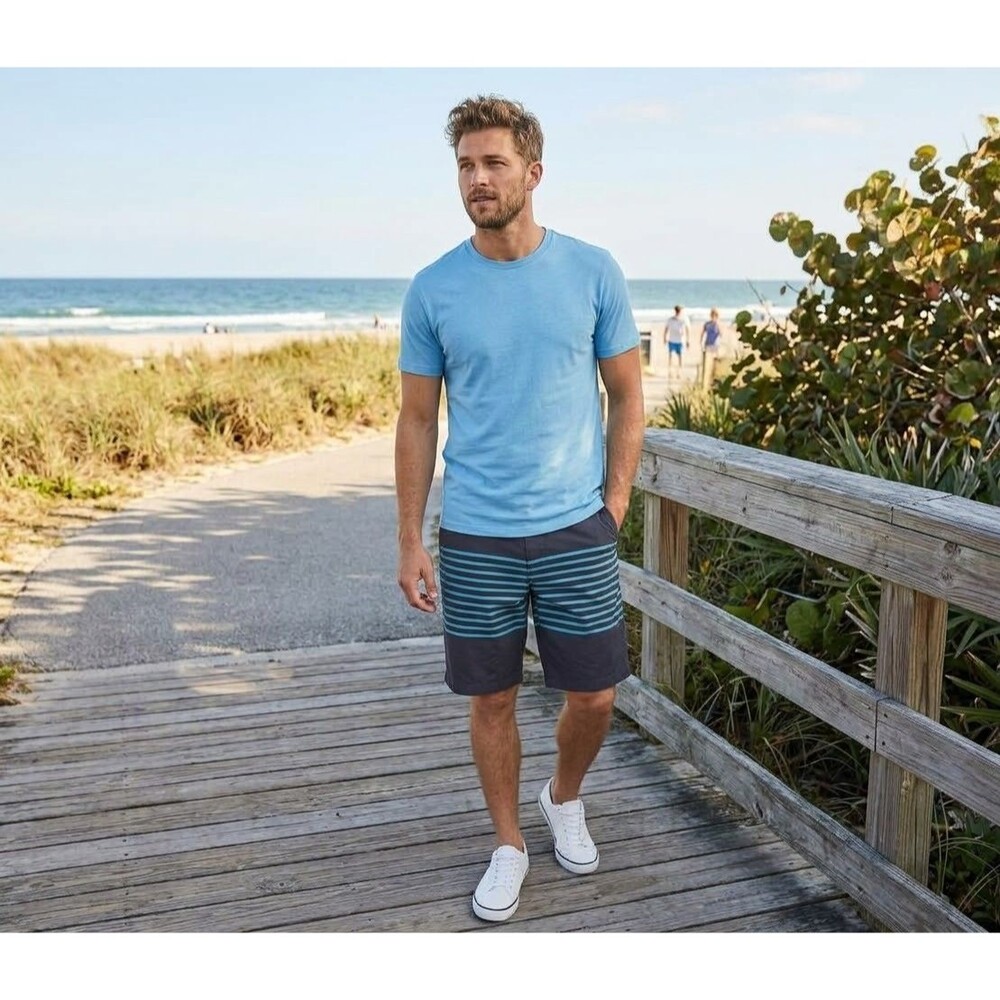 Arizona Jean Co Mens Hybrid Shorts 32 NWT Navy Blue Teal Striped Boardshorts